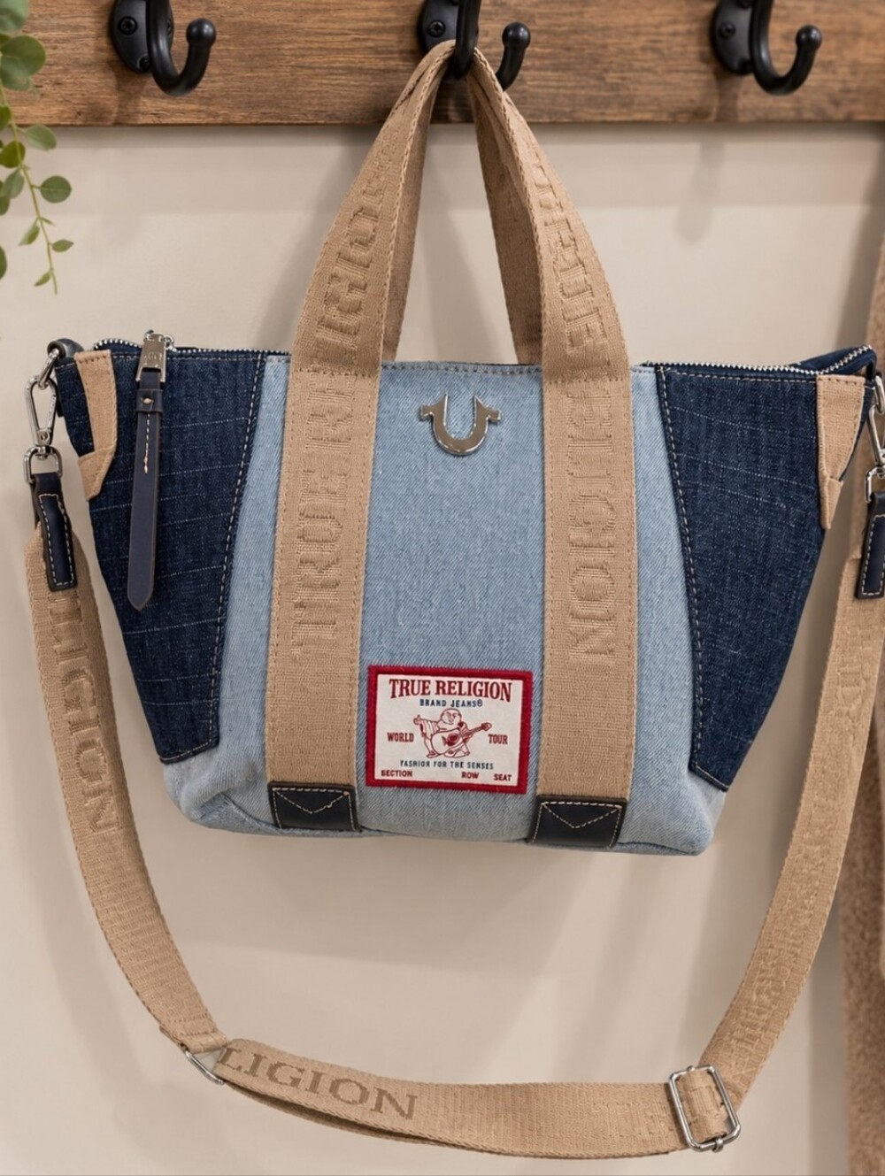 New!!!! True Religion  Blue Multi Denim Messenger Tote with Beige Straps